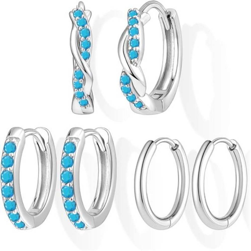 Gold Huggie Hoop Earrings Set Sterling Silver Small Turquoise Cartilage Hoops